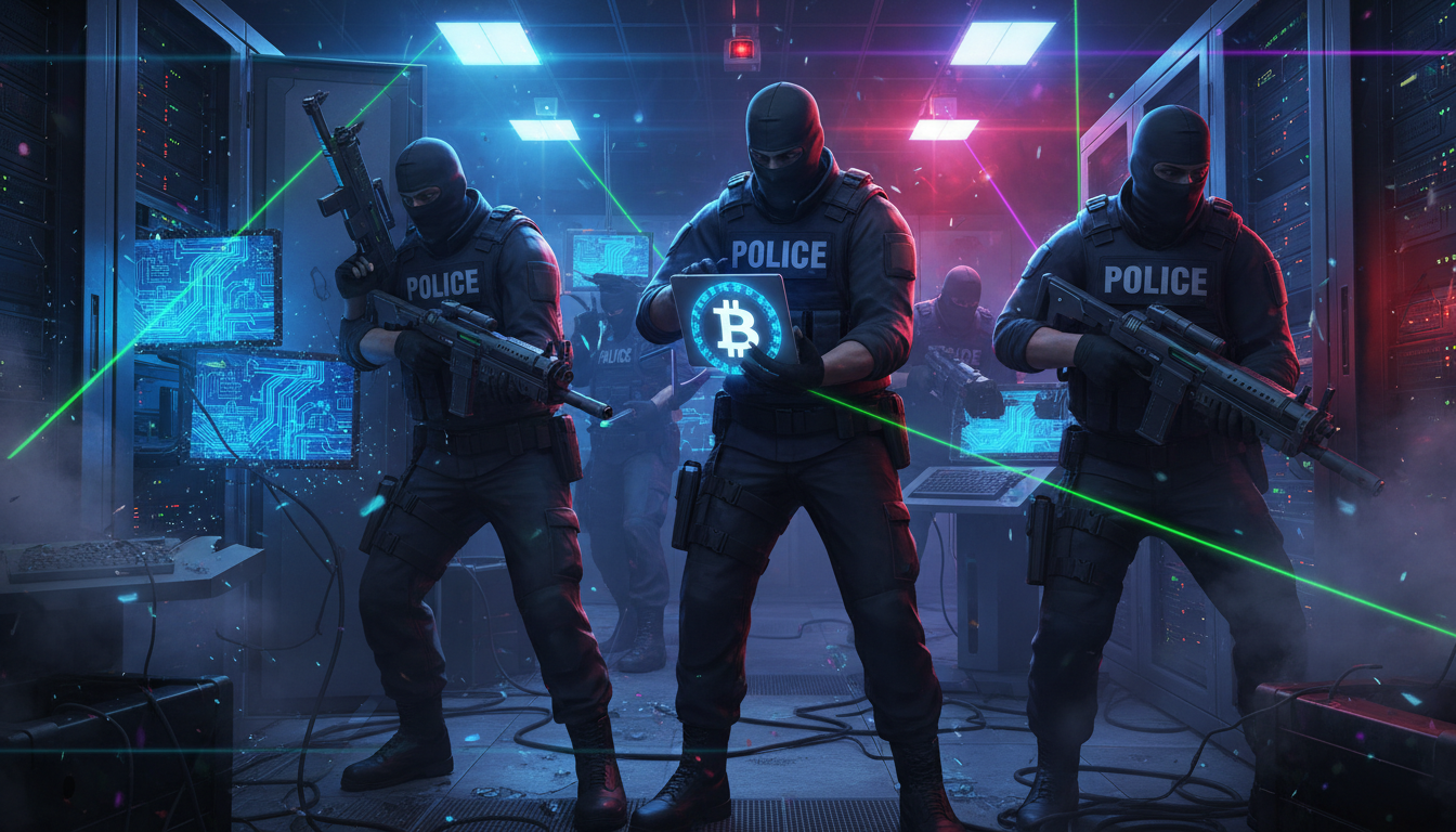 Grupo de criminales disfrazados de policía robando criptomonedas a un adolescente.