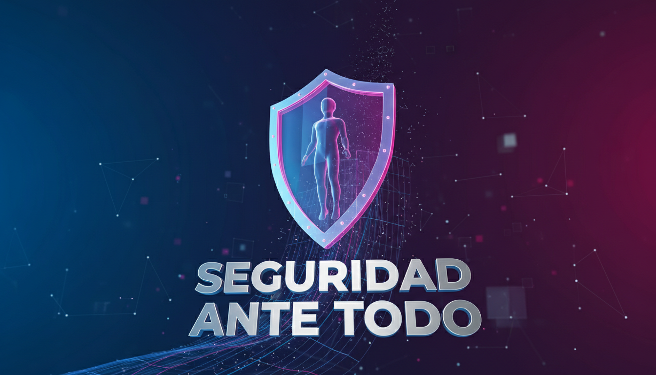 Gráfico de seguridad en aumento con figura estilizada y mensaje sobre protección de datos.