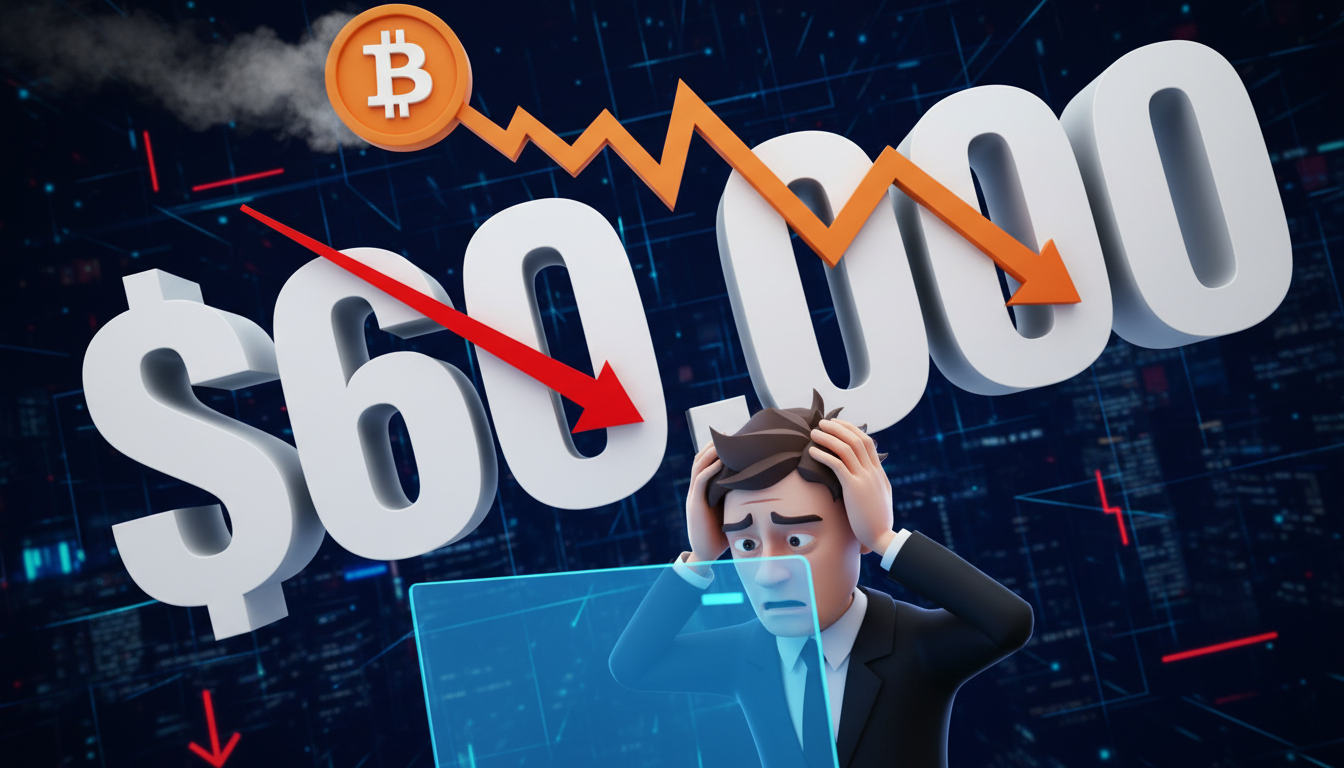 Gráfico 3D de Bitcoin mostrando tendencia bajista y trader preocupado sobre fondo azul.