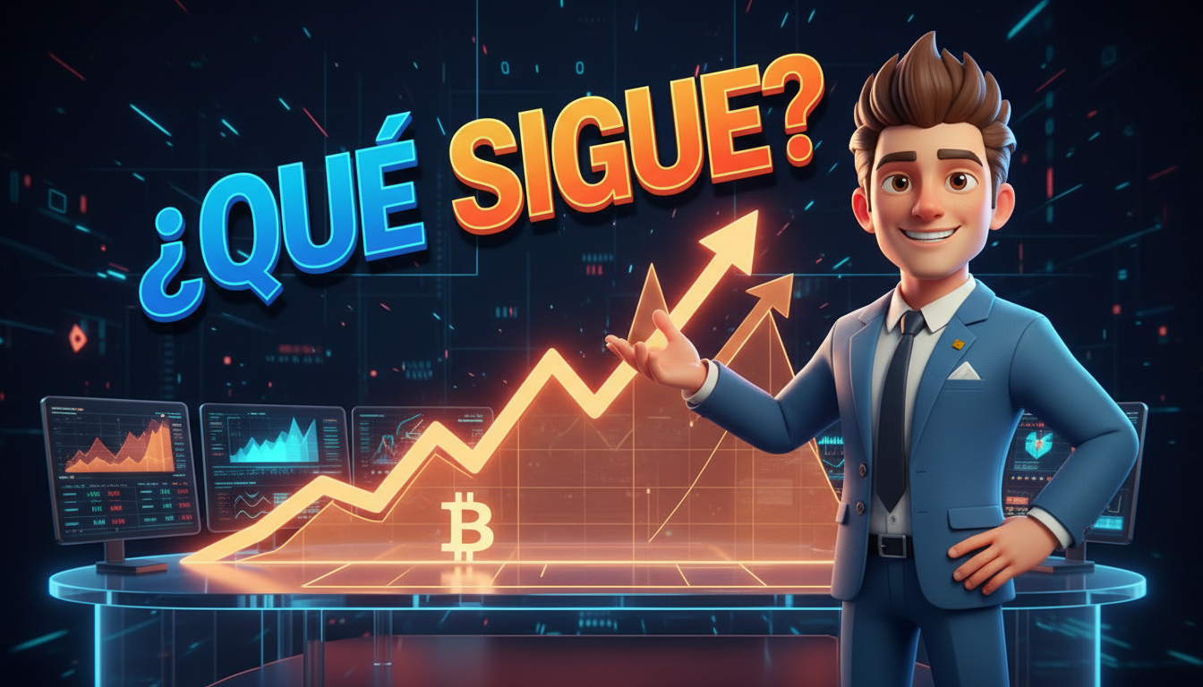 Trader optimista interactuando con gráfico 3D de Bitcoin sobre fondo fucsia.