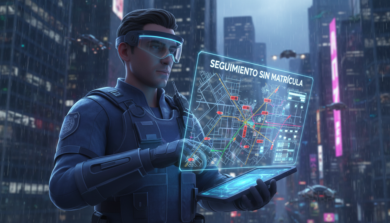Oficial de policía utilizando herramienta AI de Flock en un entorno urbano.
