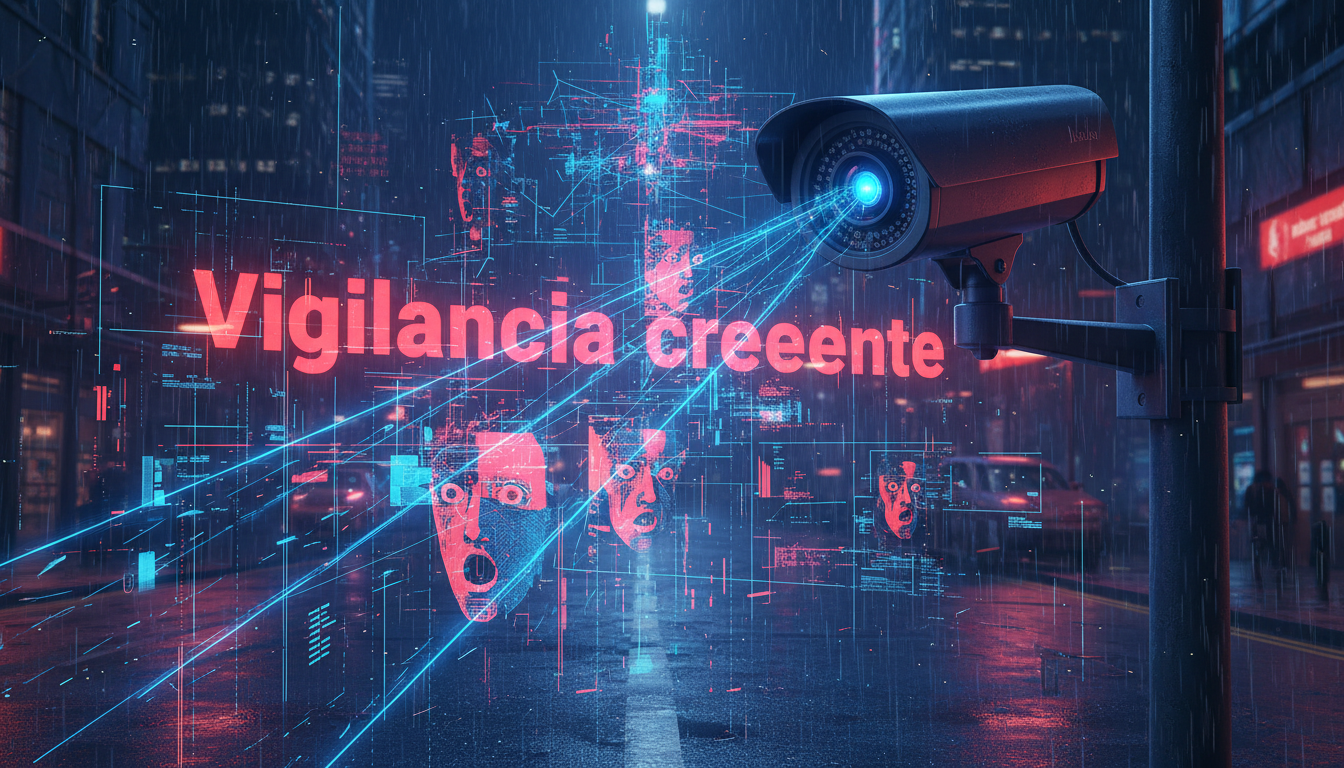 Cámara de vigilancia AI con gráficos de datos sobre la privacidad y vigilancia en la sociedad.