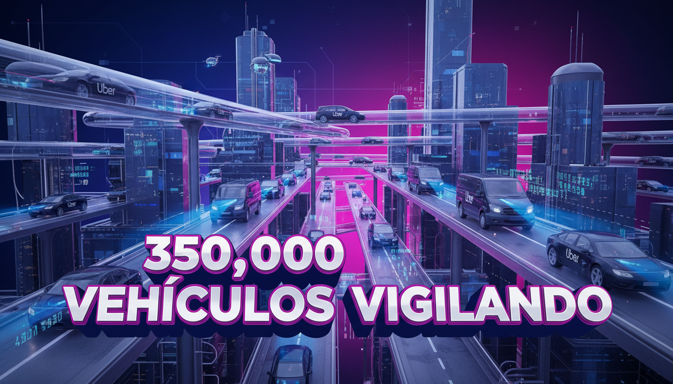 Vehículos de Uber 3D escaneando matrículas en una ciudad moderna con fondo fucsia.