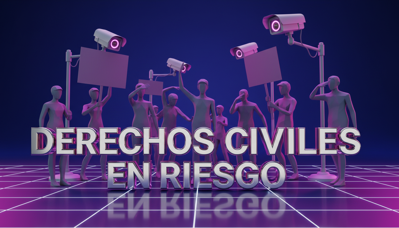 Grupo de personas 3D protestando contra las cámaras de vigilancia en una calle urbana.