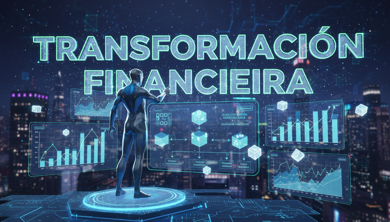 Personaje 3D rodeado de gráficos representando activos tokenizados y finanzas digitales.