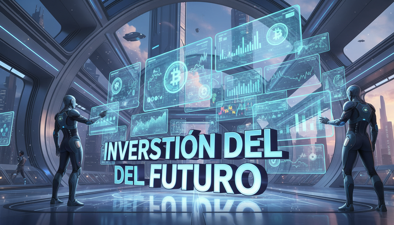 Escena 3D futurista mostrando pantallas interactivas de activos digitales y tokenización.