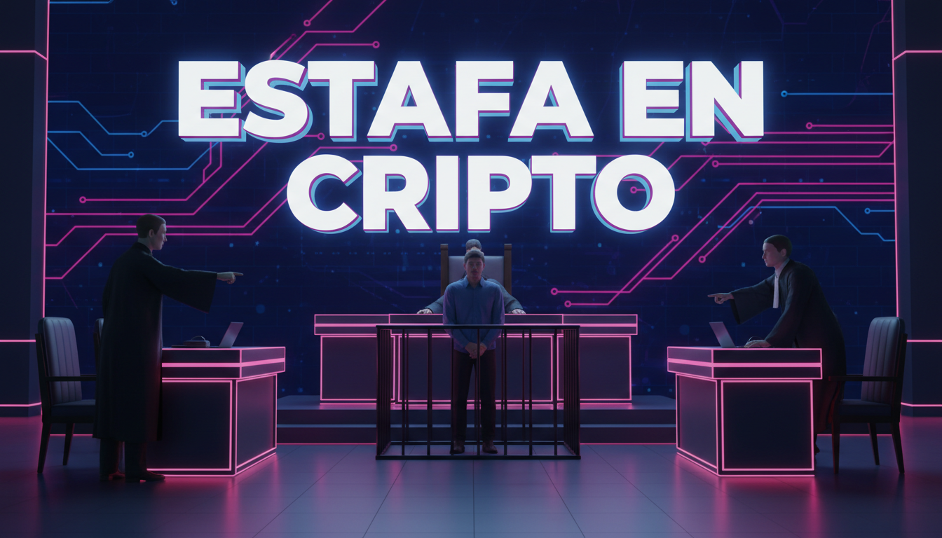 Escena 3D de un tribunal con acusado por fraude en el mercado de NFT.