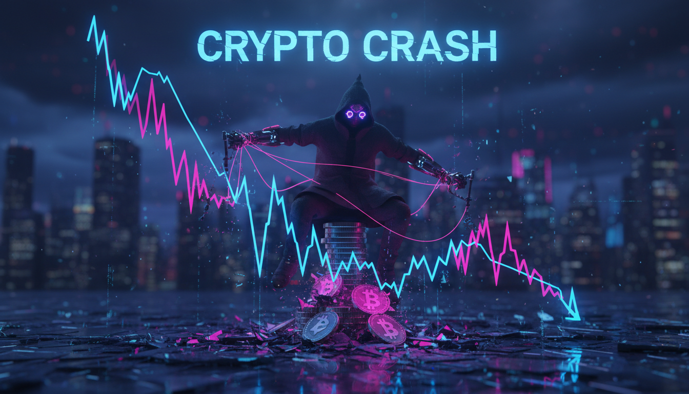 Gráfico de criptomonedas 3D en caída, con figura manipulando datos de trading.