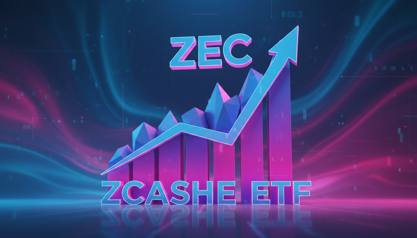 Gráfico 3D de Zcash en aumento con fondo azul y fucsia, representando el nuevo ETF.
