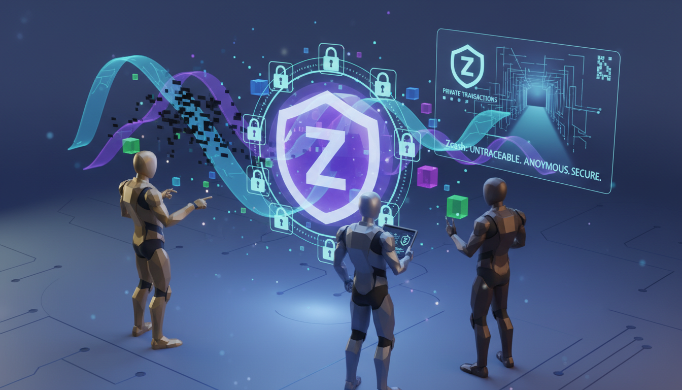 Inversores 3D estilizados mirando gráficos de criptomonedas, enfocándose en la privacidad de Zcash.