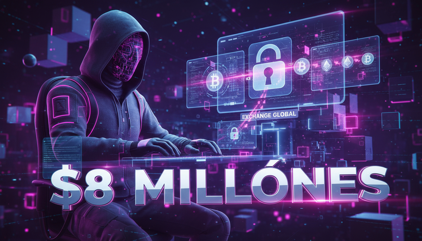 Hacker 3D robando criptomonedas de un exchange en un entorno digital.
