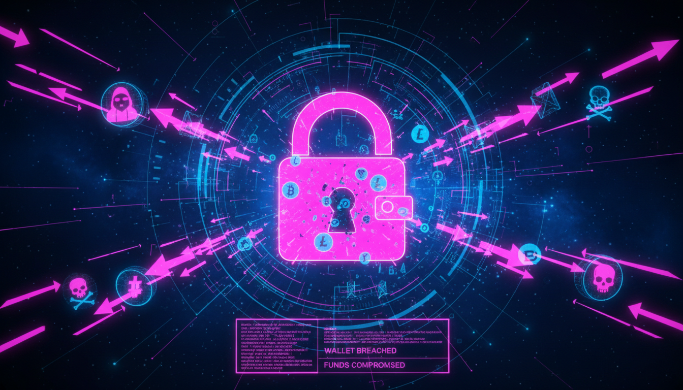 Ataque cibernético a una billetera de criptomonedas sobre fondo azul profundo.