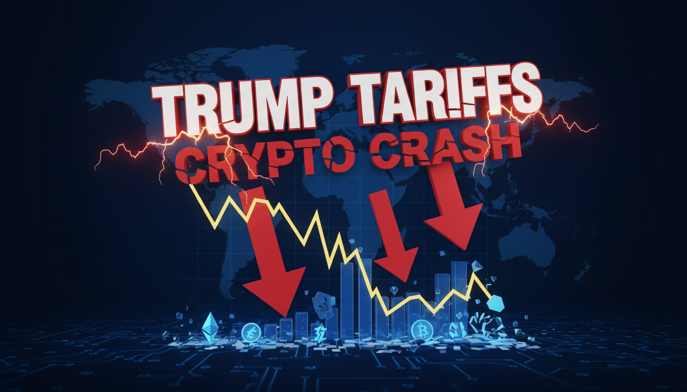 Gráfico 3D de criptomonedas en caída por tarifas de Trump sobre fondo azul profundo.