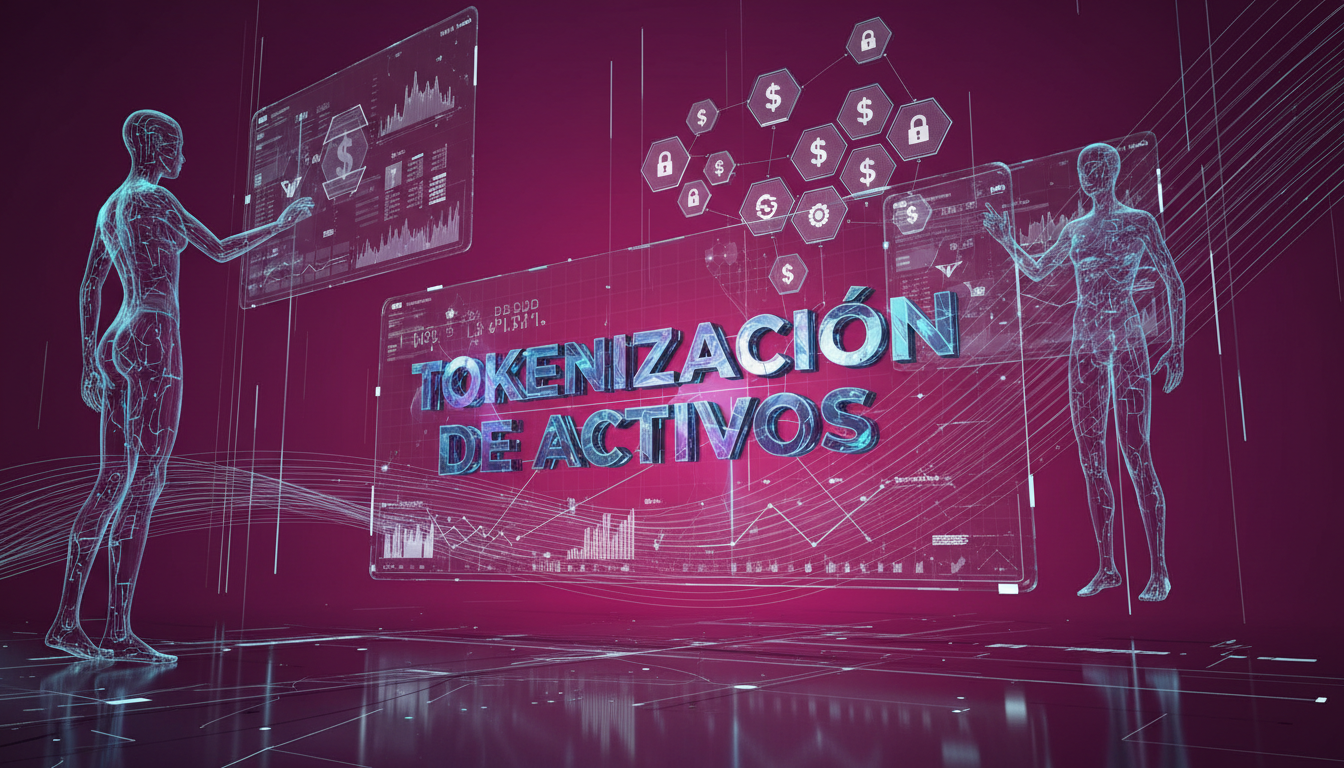Personas 3D estilizadas interactuando con acciones tokenizadas en fondo fucsia.