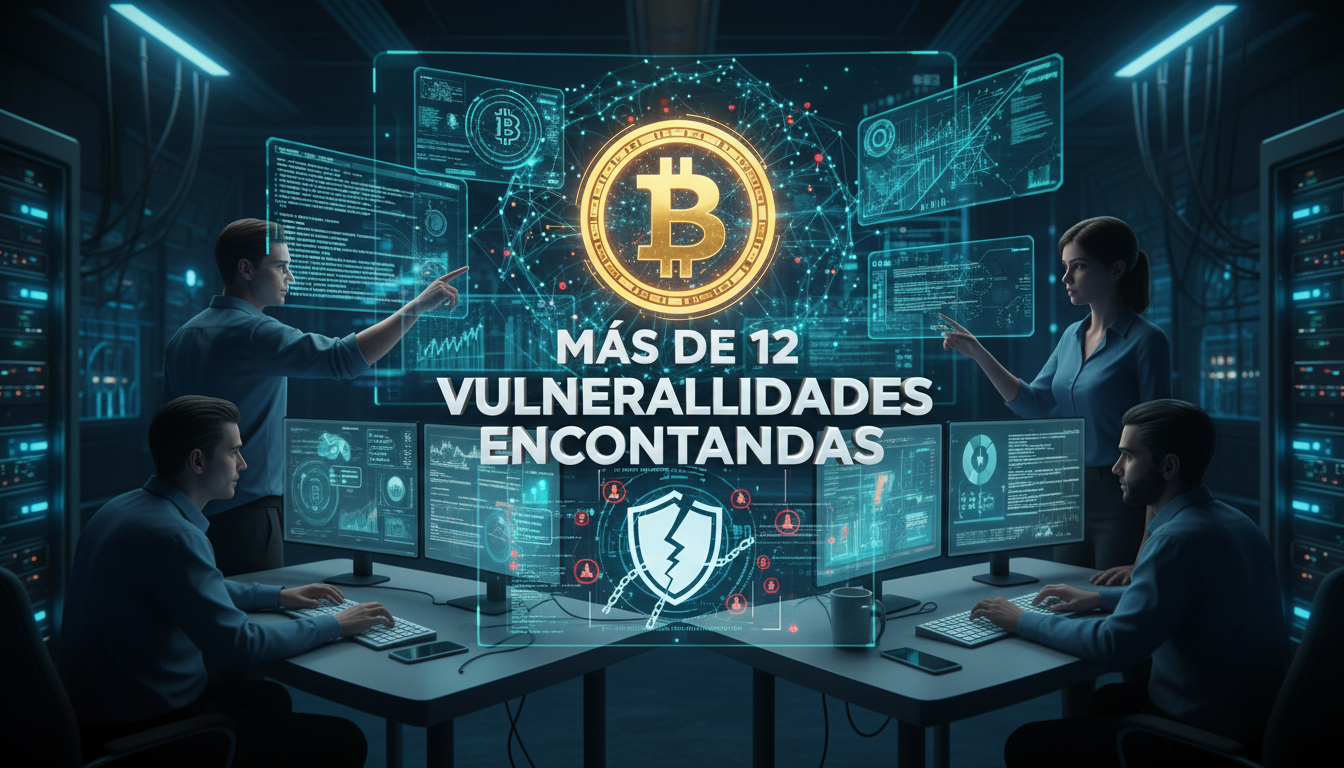 Equipo de ciberseguridad revisando vulnerabilidades en Bitcoin con inteligencia artificial.