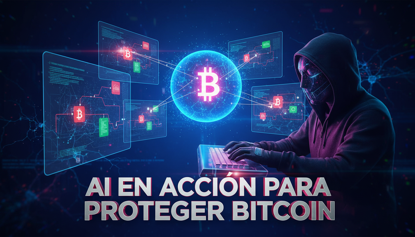 Hacker estilizado interactuando con IA para detectar vulnerabilidades en Bitcoin.