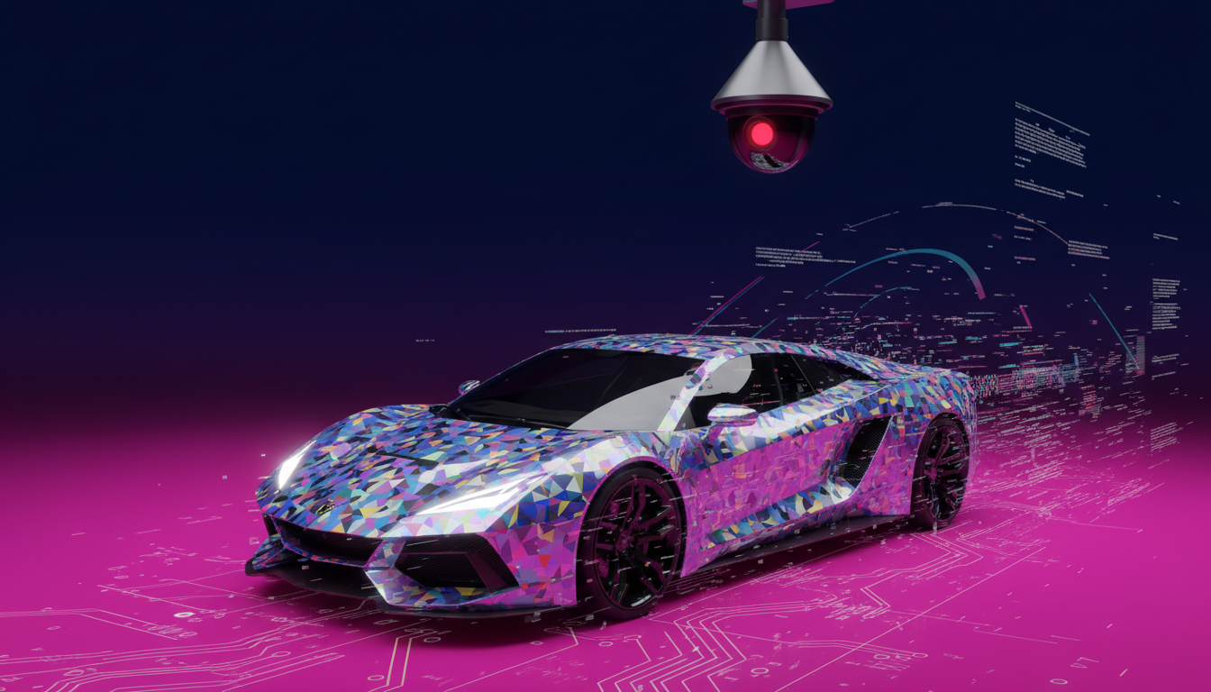Coche camuflado con patrón innovador evadiendo cámaras sobre fondo azul profundo.
