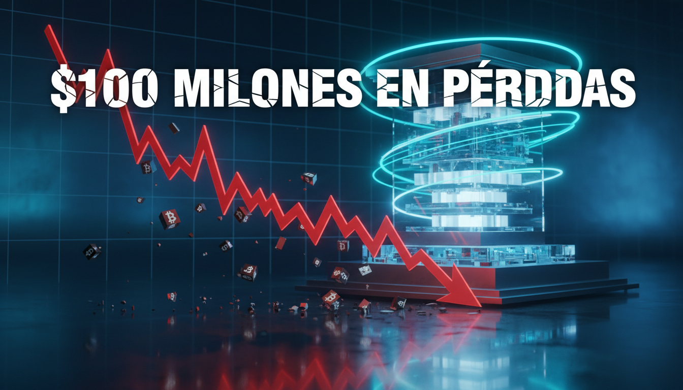 Gráfico de Bitcoin en caída con amenaza de computación cuántica de fondo.