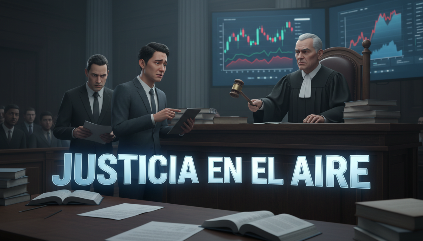 Juez en tribunal con Justin Sun y documentos legales en un ambiente tenso.