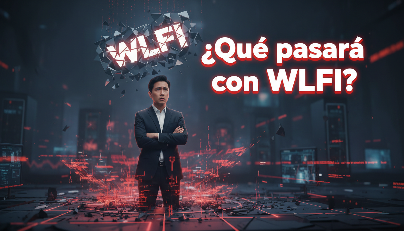 Gráfico de WLFI cayendo con Justin Sun observando la crisis desde un costado.