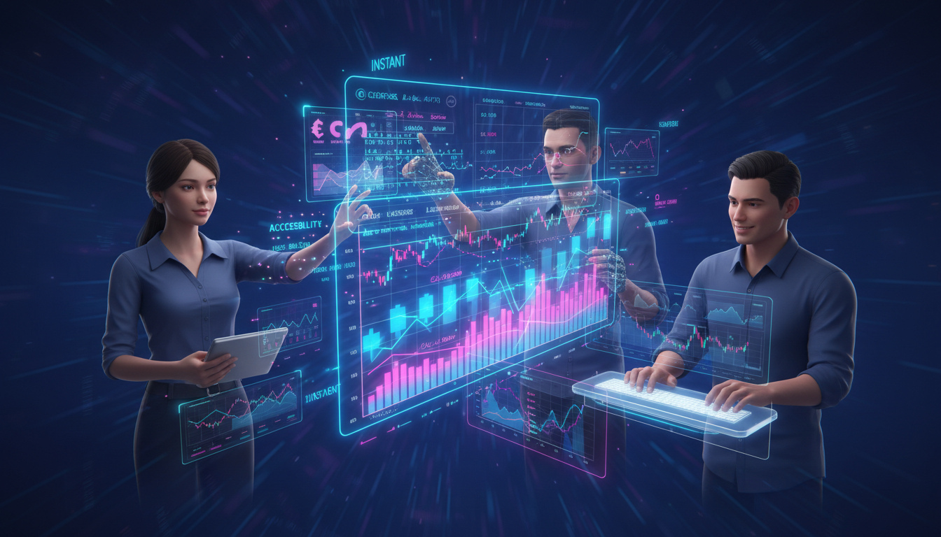 Traders 3D analizando datos de mercado en tiempo real sobre fondo azul profundo.