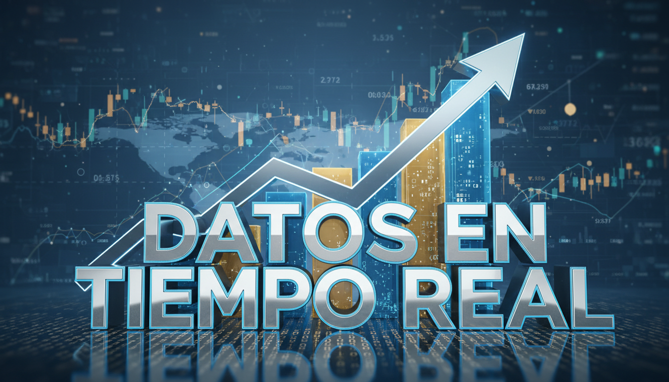 Gráfico 3D ascendente con el texto 'Datos en Tiempo Real' en español, simbolizando avance en el trading.