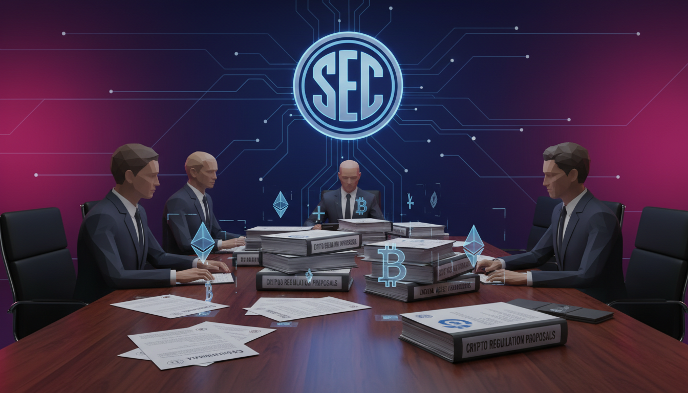Reunión en la SEC discutiendo nuevas regulaciones para criptomonedas.