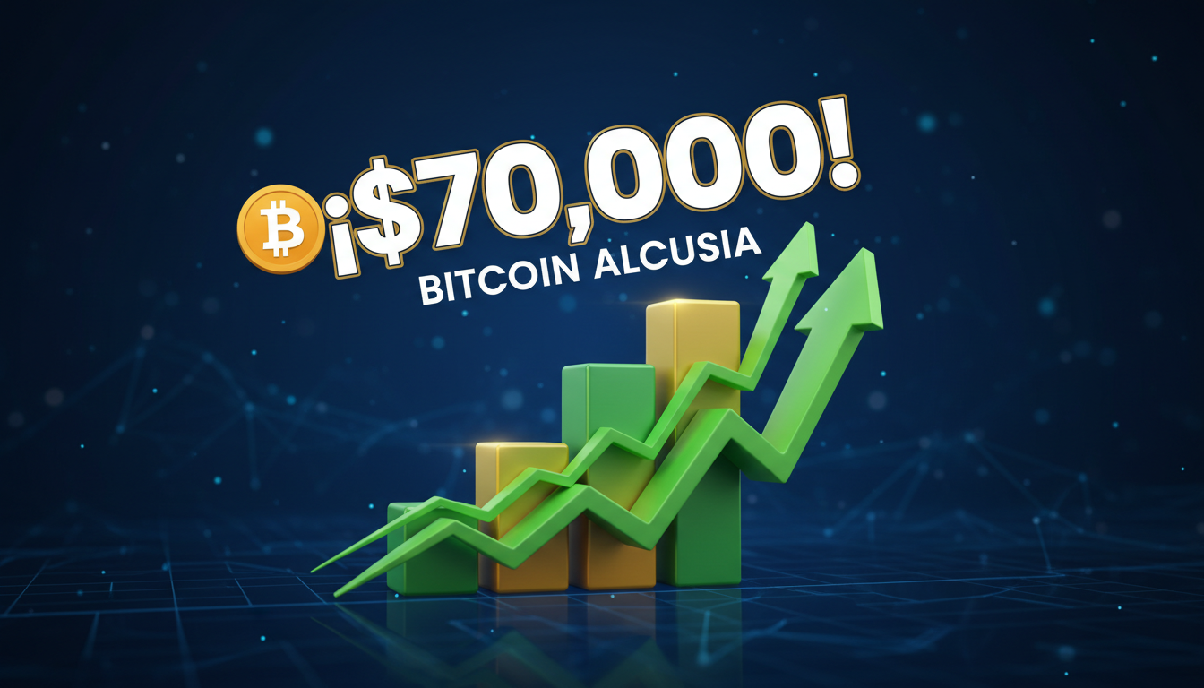 Gráfico 3D de Bitcoin mostrando la cifra de $70,000 y un fondo azul profundo.