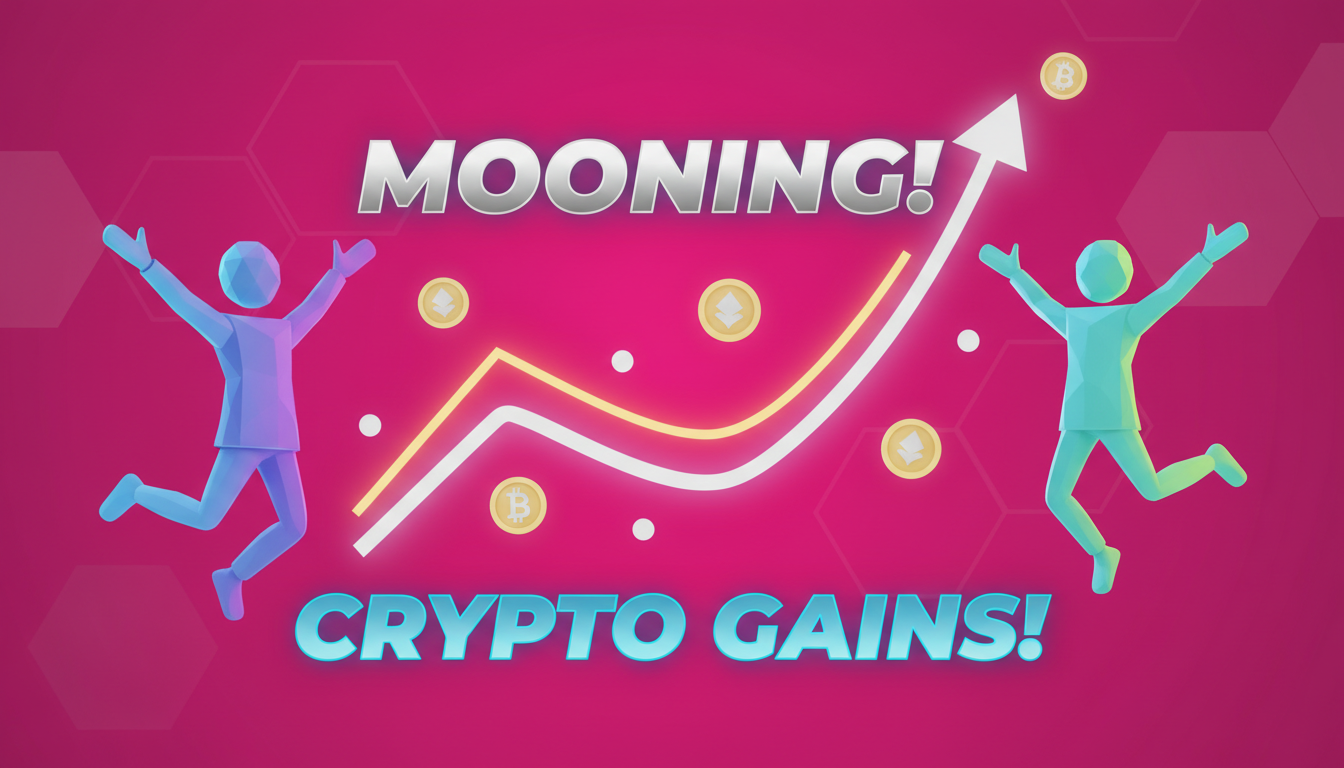 Personas 3D celebrando el aumento en acciones de criptomonedas sobre fondo fucsia.
