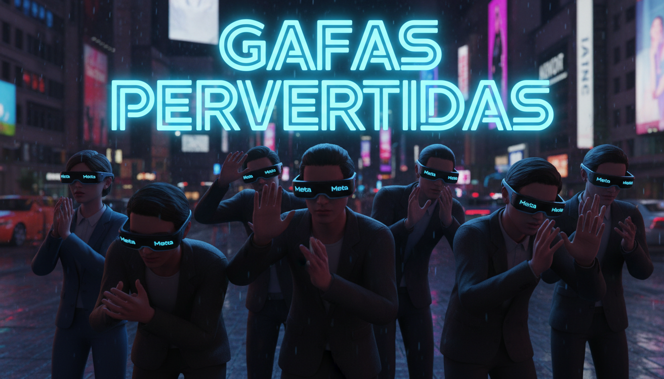 Grupo de personas usando gafas de Meta en un espacio público con tensión evidente.