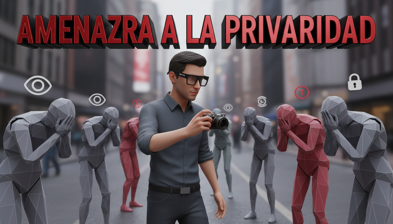 Hombre grabando a personas con gafas de Meta, reflejando incomodidad y tensión social.