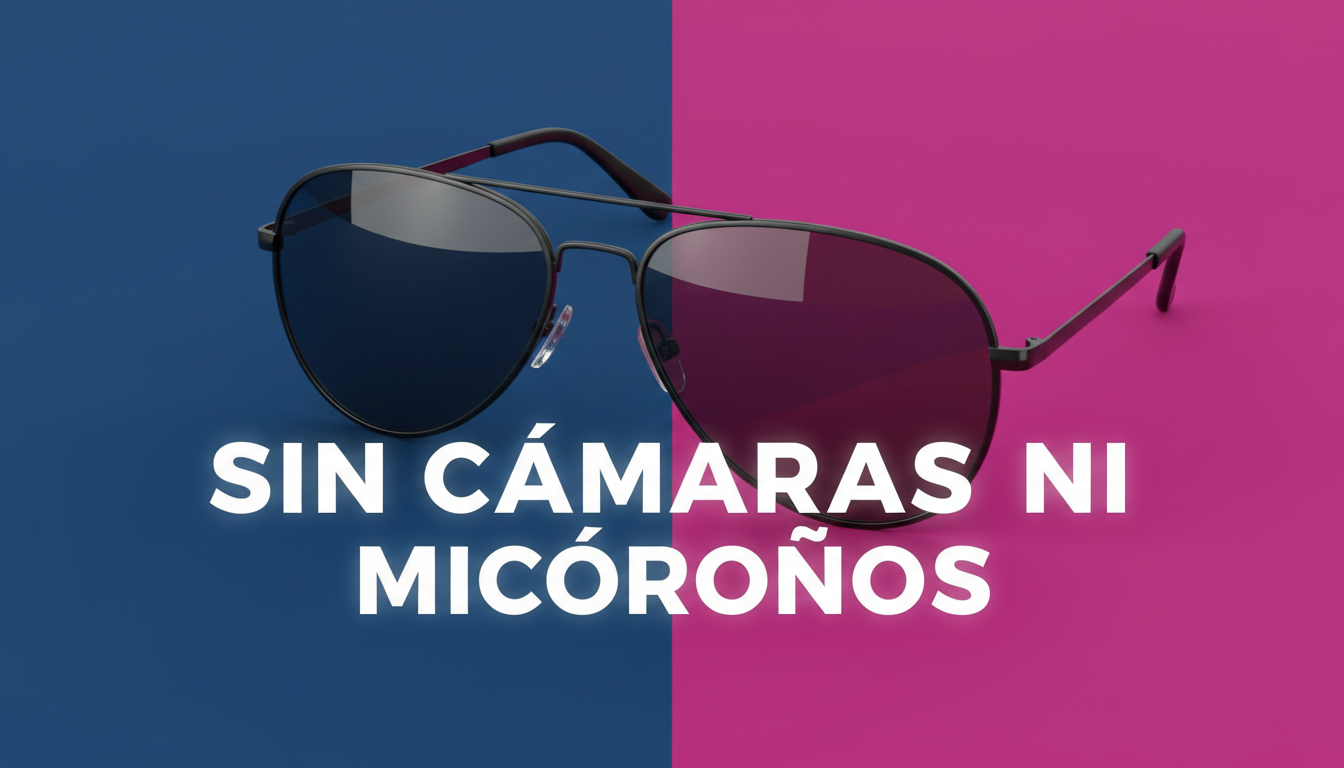 Gafas de sol 3D sin tecnología sobre fondo azul y fucsia que destacan la privacidad.