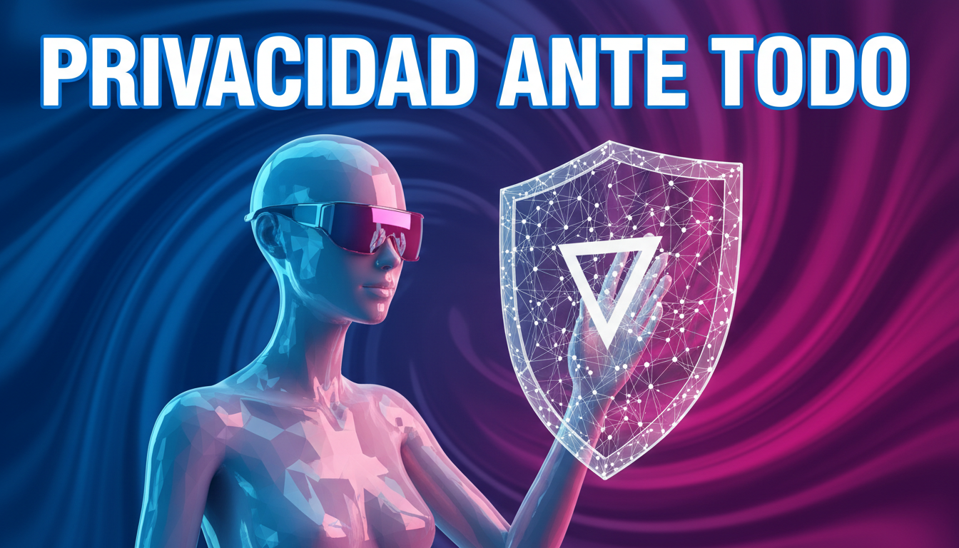 Persona 3D usando gafas de sol y observando un gráfico de privacidad en fondo colorido.