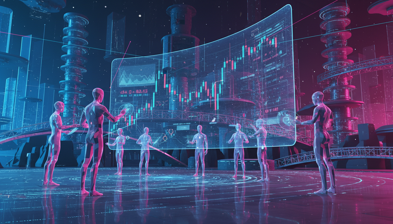 Grupo de personas estilizadas analizando datos de trading en un entorno digital.