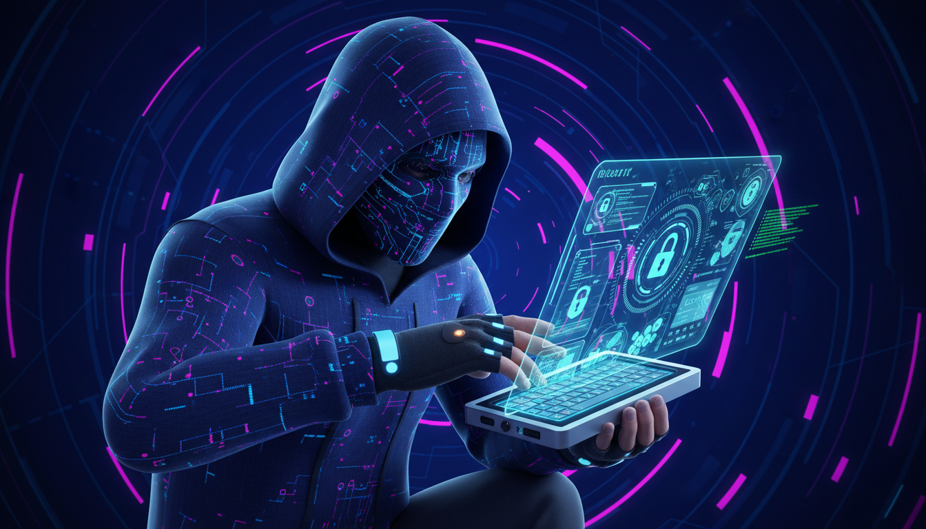 Hacker 3D manipulando una billetera Ledger mientras intenta explotar una vulnerabilidad.