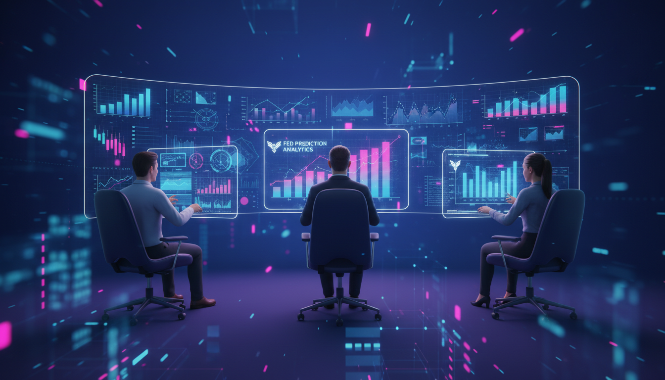 Traders 3D analizando decisiones de la Reserva Federal sobre fondo azul.