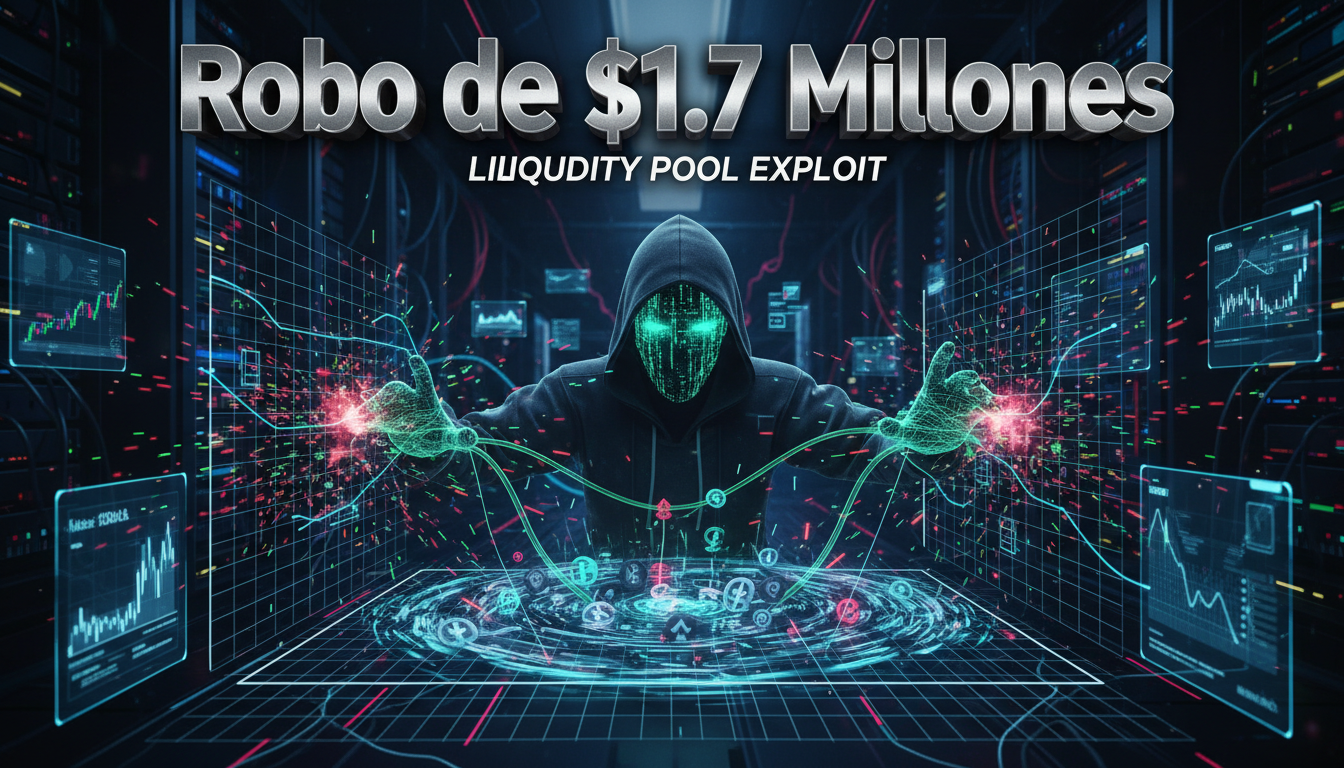 Hacker 3D estilizado atacando un protocolo de liquidez de criptomonedas.
