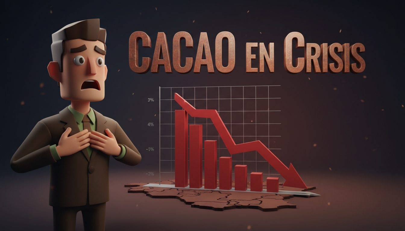 Personaje 3D preocupado por la caída del precio de CACAO tras un ataque.