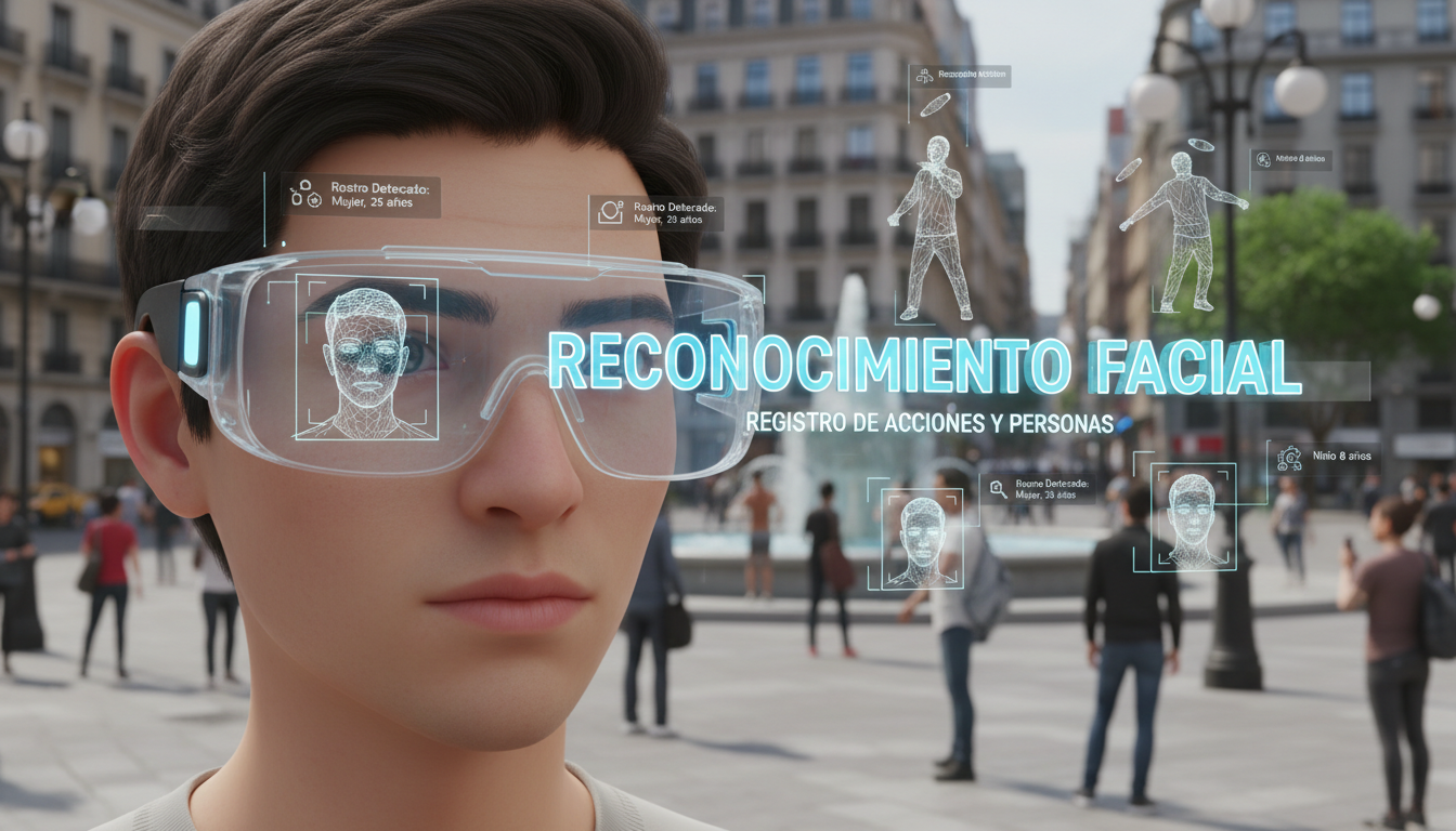 Persona con gafas inteligentes registrando acciones de otros en un entorno social.