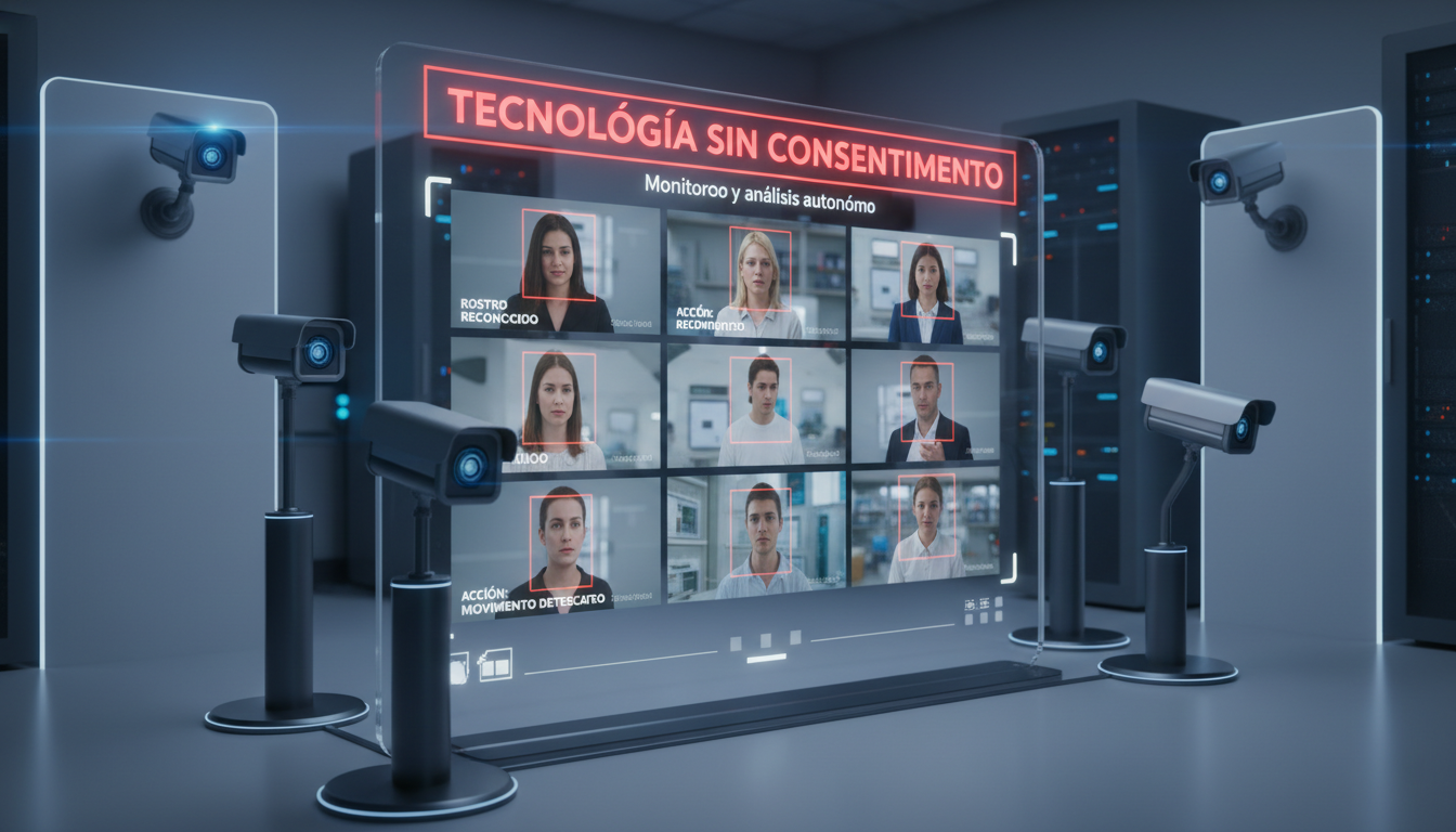 Sistema de cámaras inteligentes mostrando rostros y acciones etiquetadas en una interfaz digital.