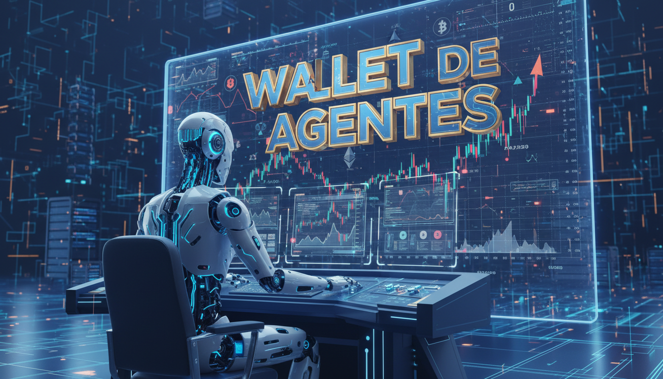 Agente de IA operando criptomonedas con gráficos digitales en fondo azul.