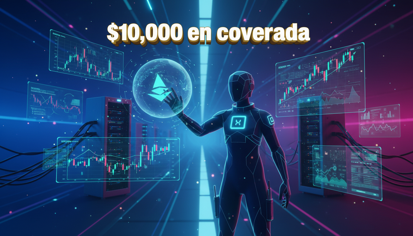 Personaje 3D estilizado interactuando con gráficos de trading automatizado y texto en español.
