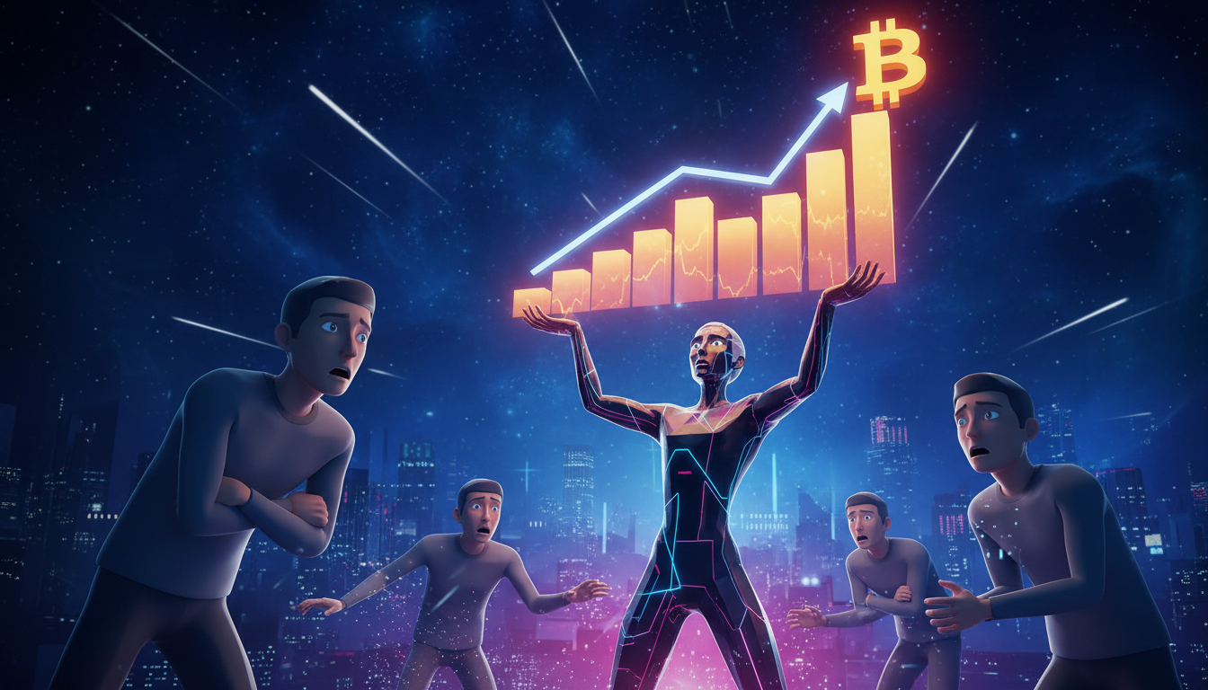 Personaje 3D sosteniendo un gráfico alcista de Bitcoin sobre fondo azul profundo.