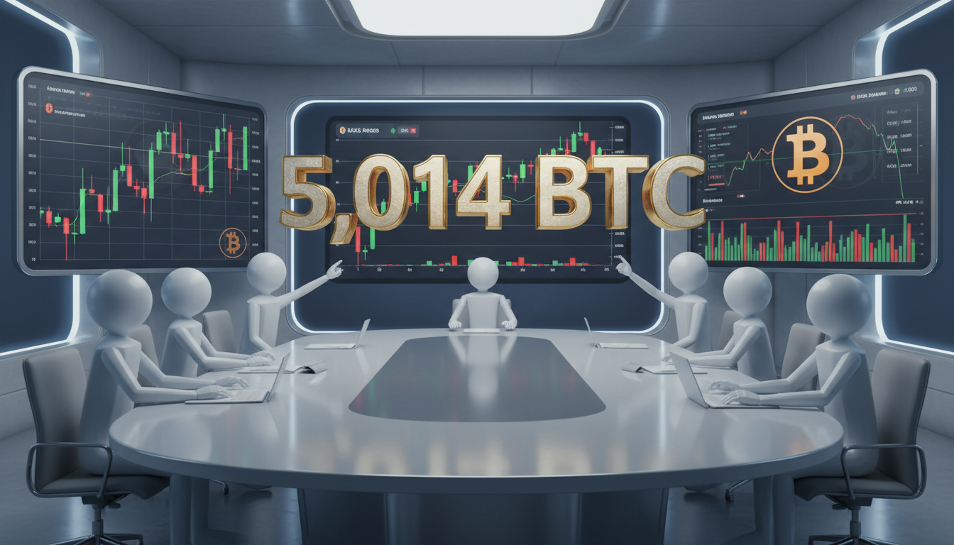 Grupo de personas 3D discutiendo sobre Bitcoin en sala de juntas, fondo azul y fucsia.