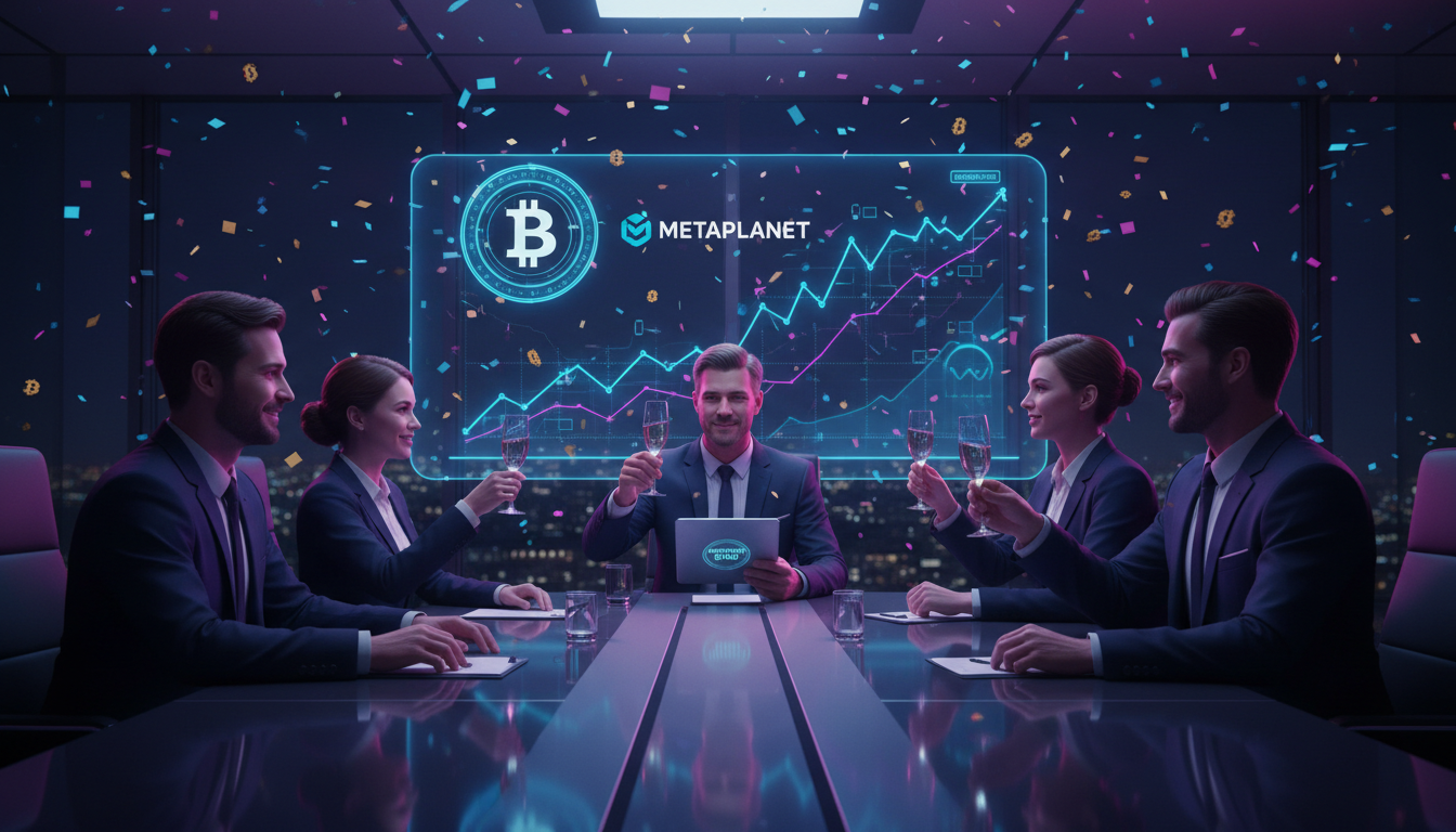 Ejecutivos de Metaplanet celebrando un acuerdo de inversión en Bitcoin.