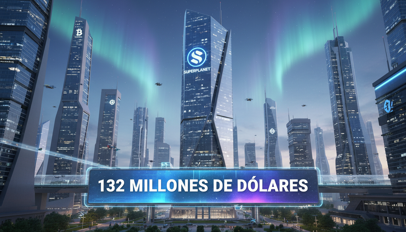 Ciudad futurista con el logo de Superplanet y un texto de 132 millones de dólares.