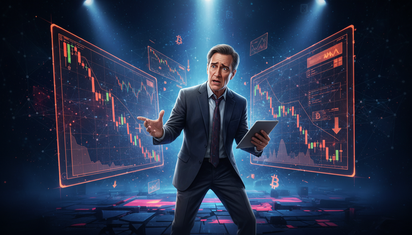 Michael Saylor vendiendo Bitcoin mientras observa gráficos de caída.