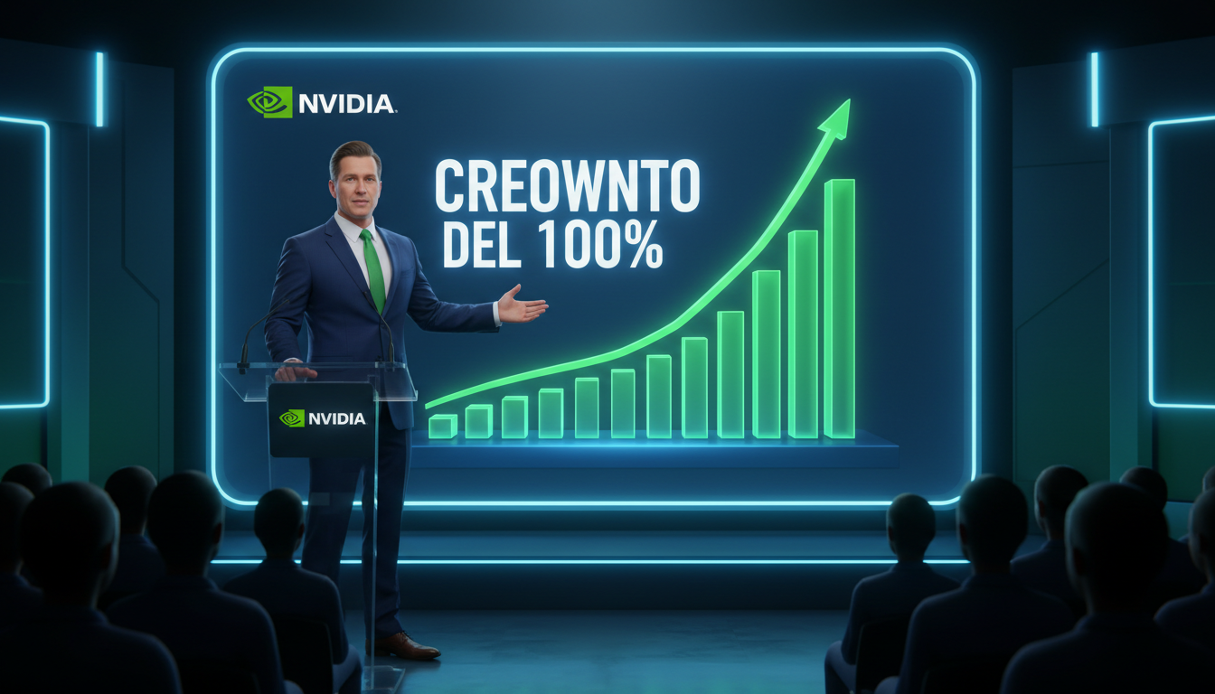 Ejecutivo de Nvidia mostrando gráfico ascendente de crecimiento en ingresos.