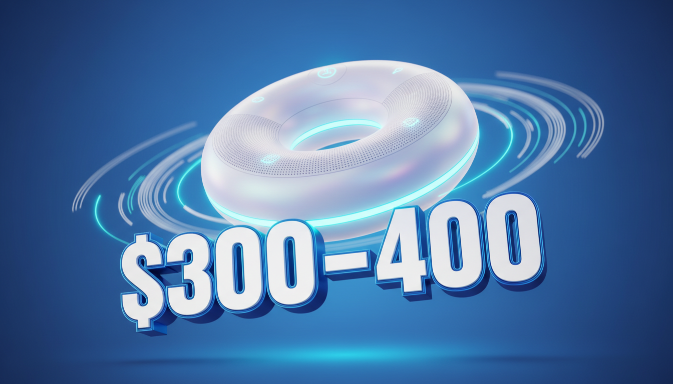 Altavoz inteligente en forma de rosquilla con luces sobre fondo azul profundo.