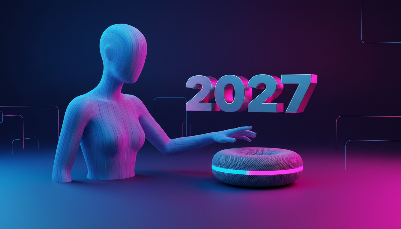 Persona estilizada interactuando con un altavoz inteligente innovador en fondo fucsia.